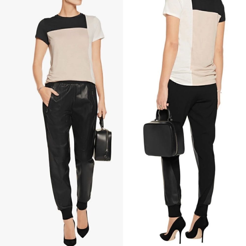 NWT Vince Black Lamb Leather Crepe Mixed Media Jogger Pants Trousers